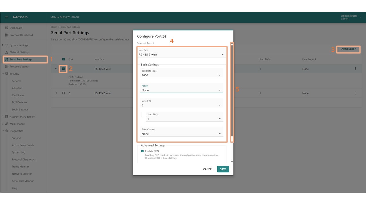 Konfiguracja portu szeregowego krok 1