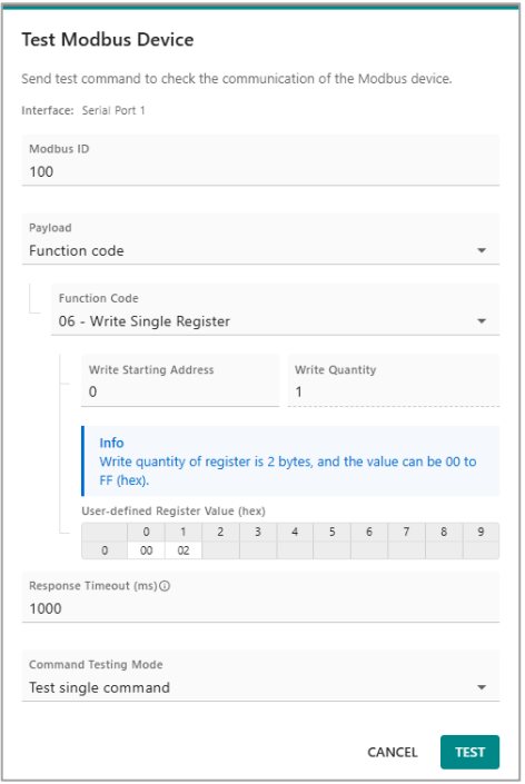 Test poleceń typu write