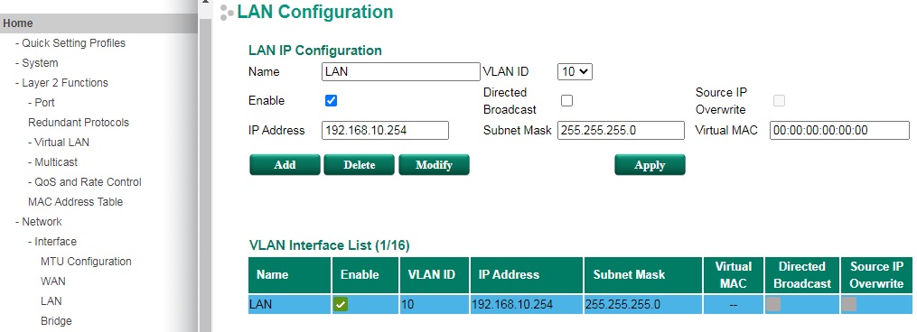 LAN interface settings