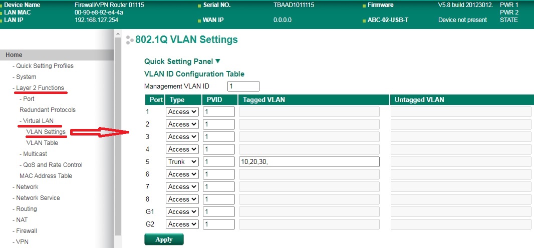 EDR-810 router na patyku VLAN settings