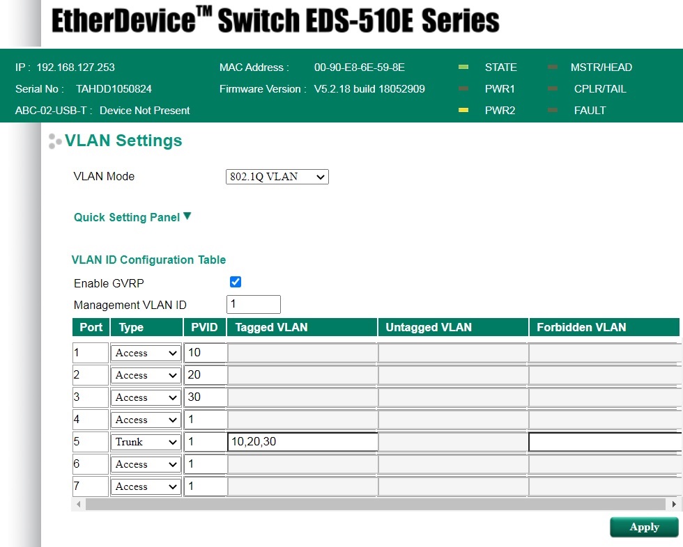 EDS-510E VLAN configuration