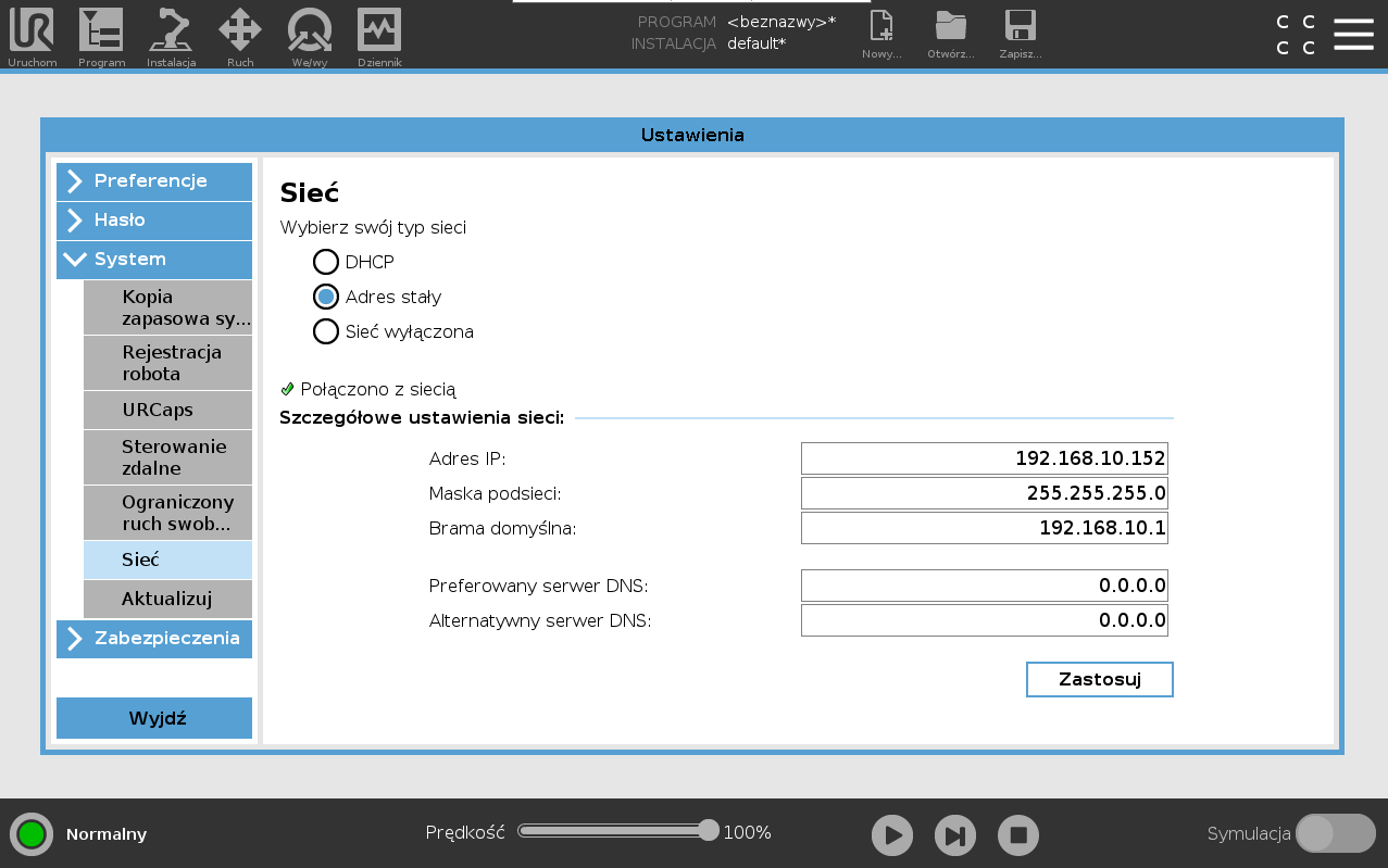 Ustawienia sieciowe robota