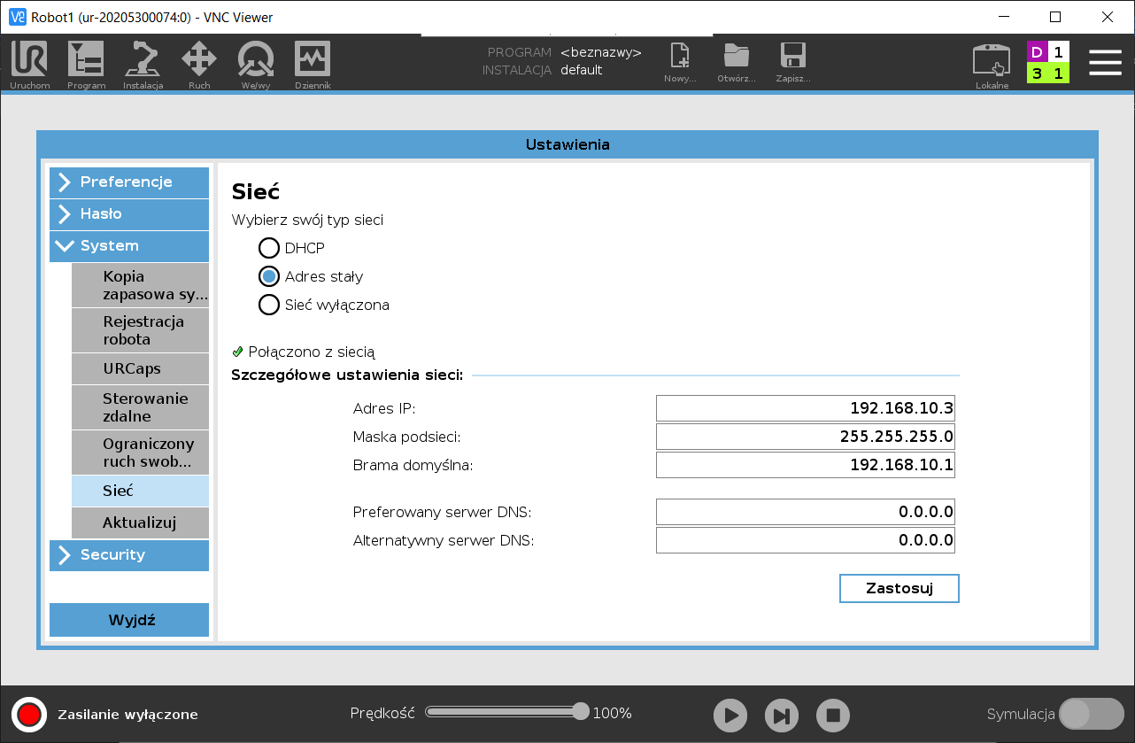 Ustawienia sieciowe robota