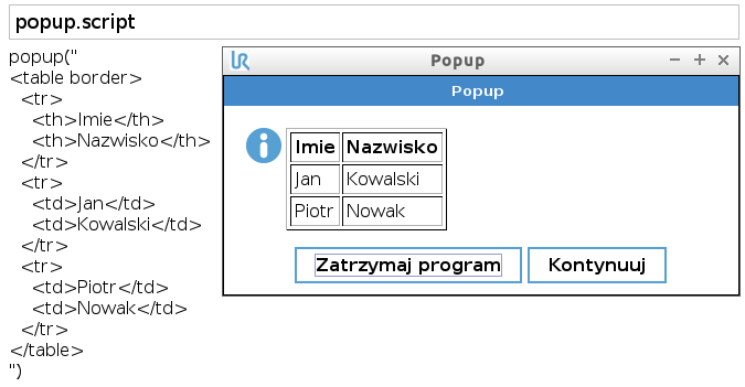 Przykład użycia tabeli. Aby stworzyć obramowanie tabeli, w znaczniku otwierającym należy dodać atrybut border