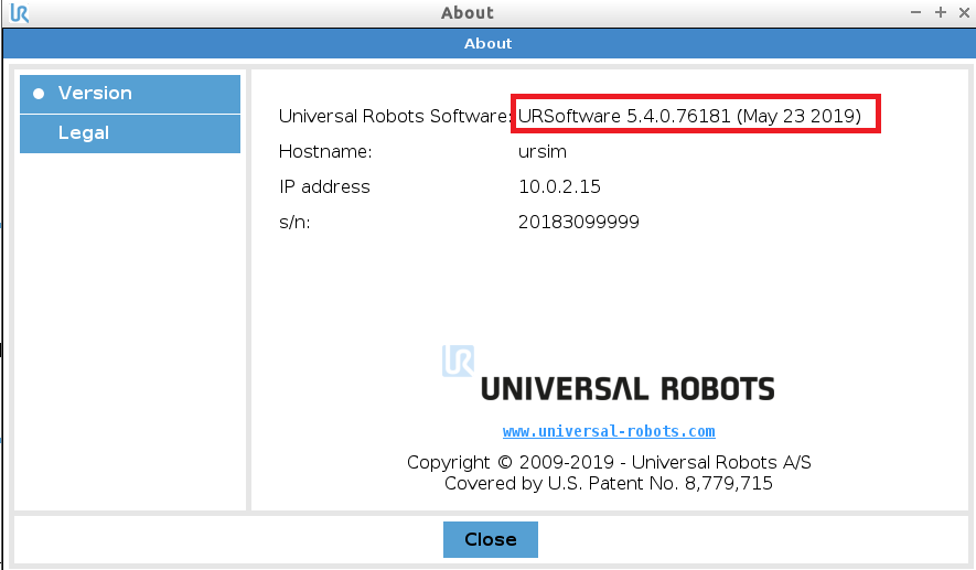 informacje o aktualnej wersji oprogramowania w robocie Universal Robots e-Series