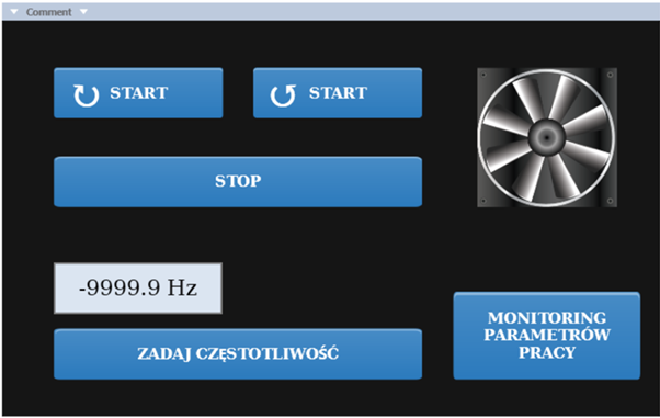 Interfejs HMI sterownika PLC do zadawania parametrów pracy i sterowania falownikiem EL1000.