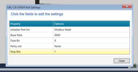 Konfiguracja parametrów portu szeregowego COM w oprogramowaniu UniLogic dla komunikacji Modbus RTU.