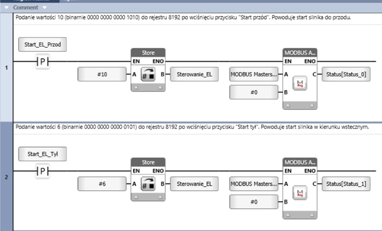 Logika drabinkowa w PLC UniStream - sterowanie startem i kierunkiem obrotów silnika przez rejestr Modbus.