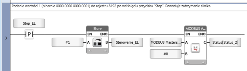 Implementacja komendy zatrzymania falownika EL1000 w programie PLC UniLogic.