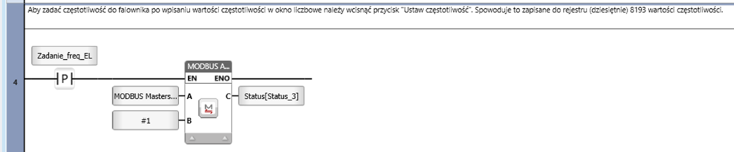 Blok zapisu wartości częstotliwości do rejestru 8193 falownika Elmatic EL1000 w sterowniku PLC.