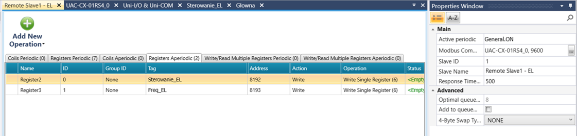 Ustawienia operacji zapisu Modbus dla rejestrów 8192 (sterowanie) i 8193 (częstotliwość) w PLC UniStream.