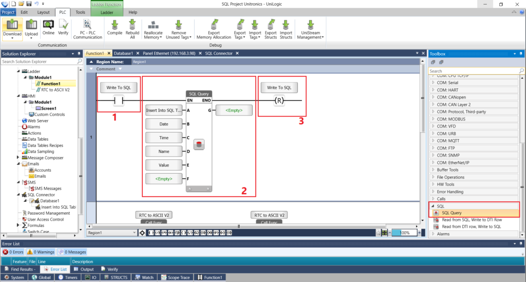 Zapis za pomocą sterownika PLC do bazy danych SQL - program
