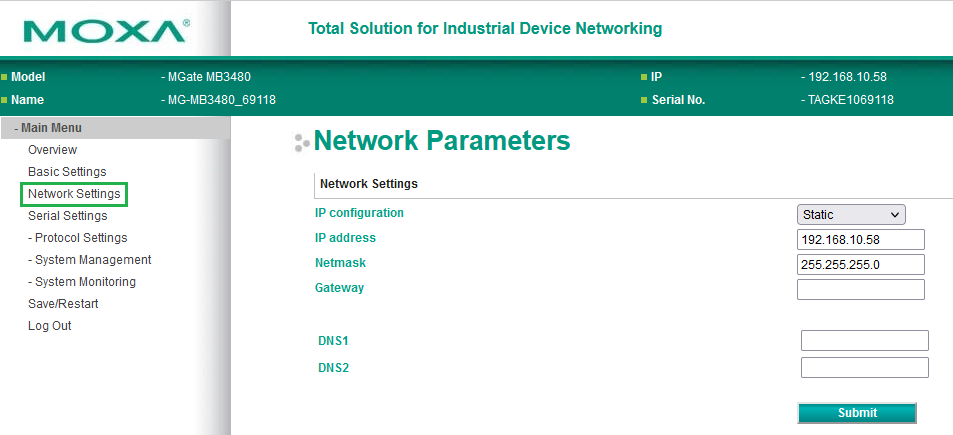 MGate MB3000 - ustawienia sieci Ethernet