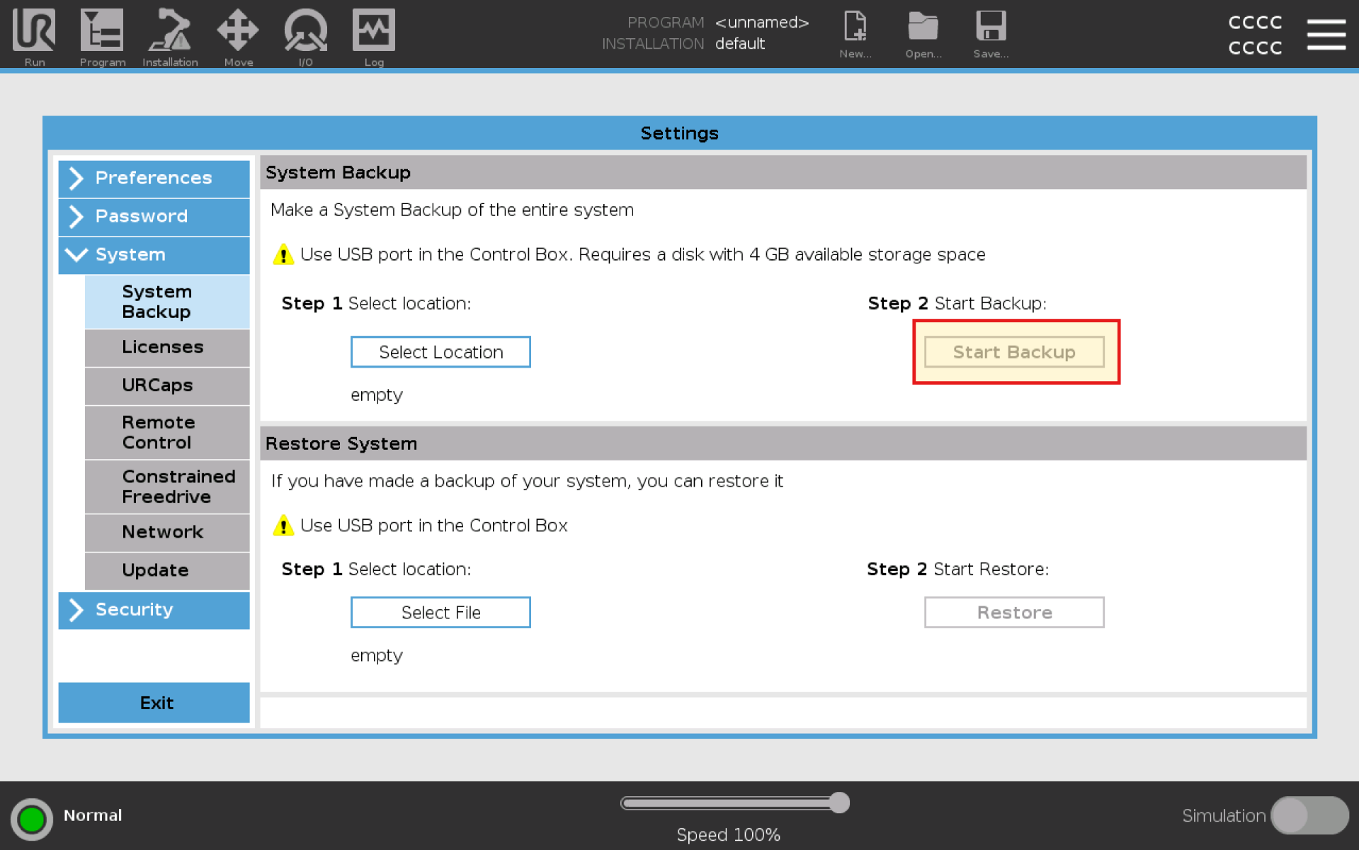 Start Backup PolyScope